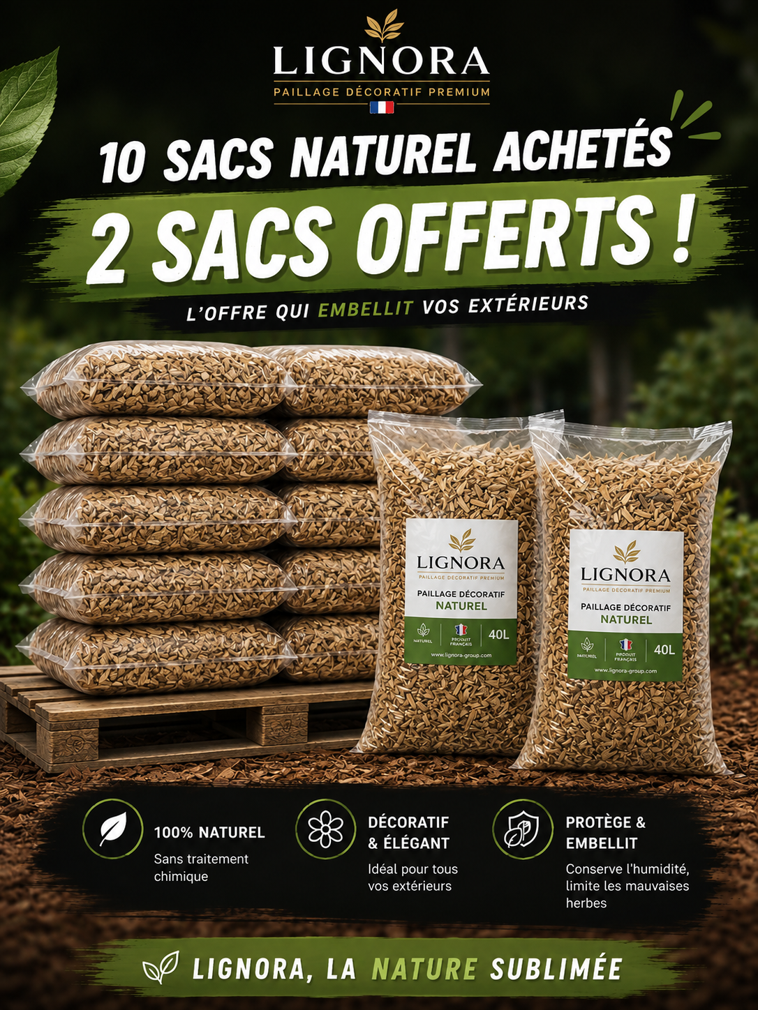 Lot de 10 sacs de paillage décoratif naturel 40L + 2 offerts