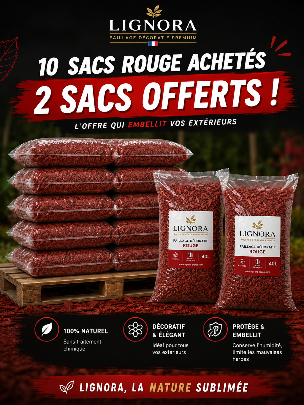 Lot de 10 sacs de paillage décoratif rouge 40 L + 2 offerts